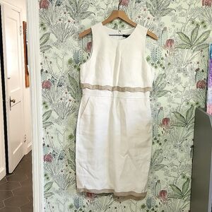 J.Crew 100% linen dress with pockets. White with Cream Strip. Tea length size 8.